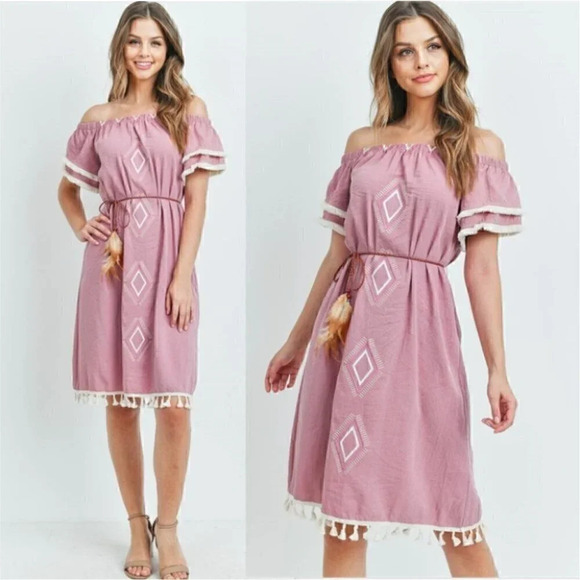 Decide Your Vibe Mauve tassel trime embroidered off shoulder Dress - Picture 2 of 8